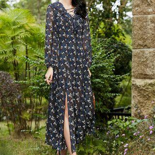 Floral Print Long Sleeve Side Slit Midi Dress