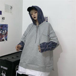 Mock Two-piece Plaid Drawstring Hoodie