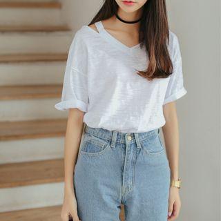 Short-sleeve Plain Cutout T-shirt White - Free