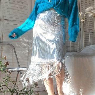 Fringed Trim Sequined Midi Pencil Skirt