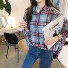 Balloon-sleeve Oversized Plaid Shirt Dark Sky Blue - One Size