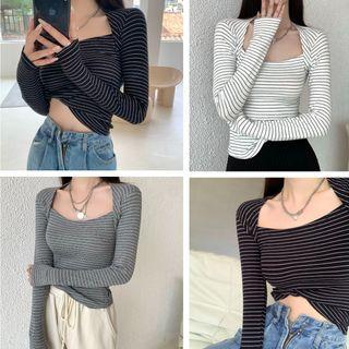 Long-sleeve Square-neck Striped Slim-fit Top