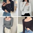 Long-sleeve Square-neck Striped Slim-fit Top
