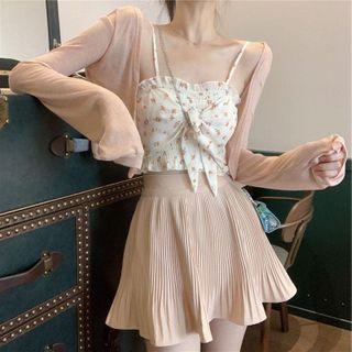 Flower Print Camisole / Cropped Cardigan / Mini A-line Skirt
