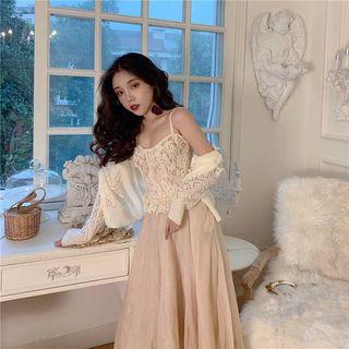 Lace Tie Back Camisole Top / Crochet Knit Cardigan / Maxi A-line Skirt