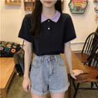 Color Block Polo Collar Short-sleeve Top
