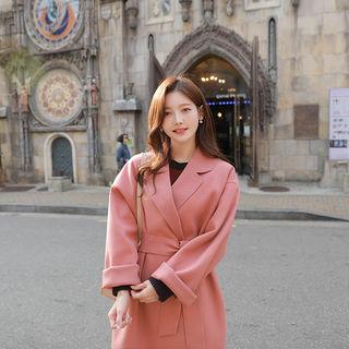 Snap-button Long Coat With Sash