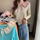 Long-sleeve Tie-neck Collared Knit Top
