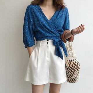 Dotted V-neck Elbow-sleeve Blouse