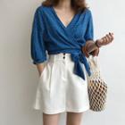 Dotted V-neck Elbow-sleeve Blouse