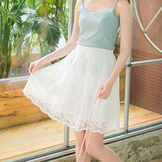 Floral Embroidery Mesh Flare Skirt