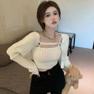 Set: Ribbed Knit Cropped Sweater + Camisole Top