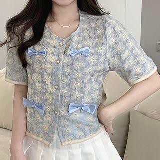 Embroidered Bow Cropped Blouse