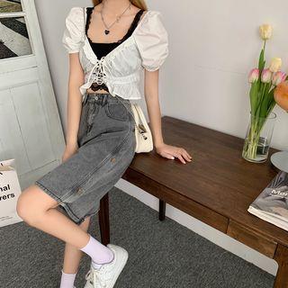 Wide Leg Washed Denim Shorts