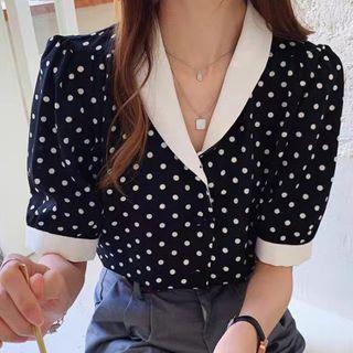 Dotted Collared Elbow-sleeve Chiffon Blouse