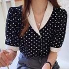 Dotted Collared Elbow-sleeve Chiffon Blouse