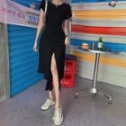 Short-sleeve Slit Midi A-line Dress Black - One Size