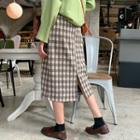 High-waist Plaid Slit A-line Semi Skirt