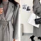 Single-breasted Long Coat With Sash Gray - One Size