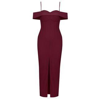 Spaghetti Strap Off-shoulder Slit Midi Sheath Dress