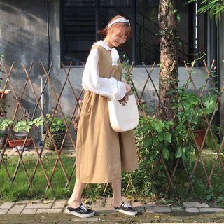 Frilled Neck Long-sleeve Blouse / Plain Midi Pinafore Dress