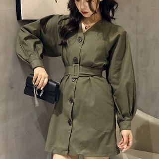 Balloon-sleeve V-neck Buttoned Mini Dress With Belt