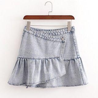 Asymmetric Ruffle Hem Mini A-line Denim Skirt
