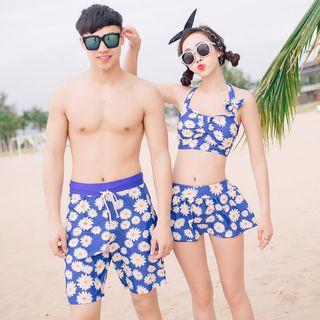 Couple Matching Set: Floral Swim Top + Swim Bottom + Swim Skirt / Floral Swim Shorts