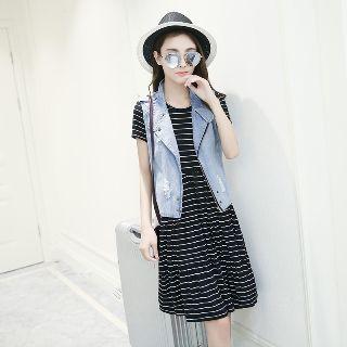 Set: Denim Vest + Striped Dress