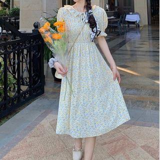 Puff-sleeve Floral Printed Ruffle Trim Midi Dress
