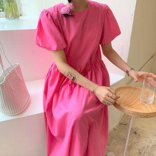 Puff-sleeve A-line Midi Dress Red - One Size
