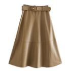 Belted Faux Leather Midi A-line Skirt