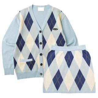 Argyle Cardigan / Mini Knit Skirt