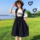 Set: Printed Short-sleeve T-shirt + Suspender A-line Skirt