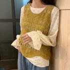Long-sleeve Dotted Blouse / Crochet Vest