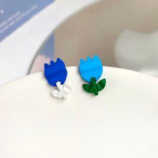 Flower Sterling Silver Stud Earring 1 Pair - S925 Silver - Light Blue & Dark Blue - One Size