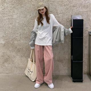 Plain Sweatshirt Jacket / Crewneck Plain Long-sleeve Top / High Waist Corduroy Pants