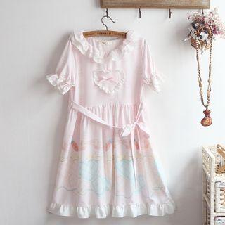 Short-sleeve Printed Frill Trim A-line Dress Pink - One Size