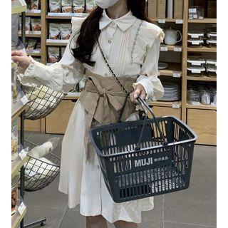 Lantern-sleeve Corset Pintuck A-line Shirtdress White & Khaki - One Size