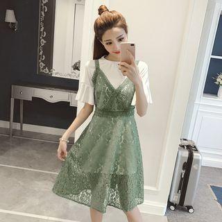 Set: Short-sleeve Long T-shirt + Strappy A-line Lace Dress