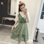 Set: Short-sleeve Long T-shirt + Strappy A-line Lace Dress