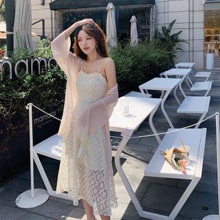Light Jacket / Lace Spaghetti Strap Midi A-line Dress