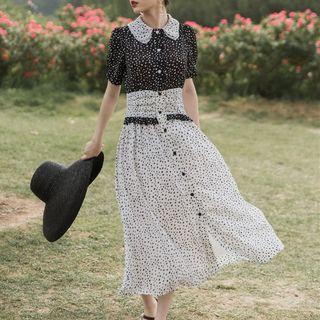 Dotted Short-sleeve Midi A-line Shirt Dress