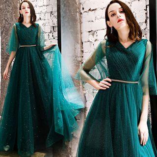 V-neck Mesh Sequined A-line Evening Gown