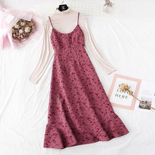 Set: Turtleneck Plain Top + Floral Spaghetti Strap Dress