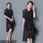 Set: Printed Short-sleeve Chiffon Dress + Strappy Dress