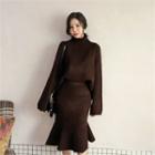 Set: Turtle-neck Knit Top + Ruffle-hem Midi Skirt