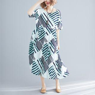 Short-sleeve Midi Striped Dress Stripe - Blue - One Size