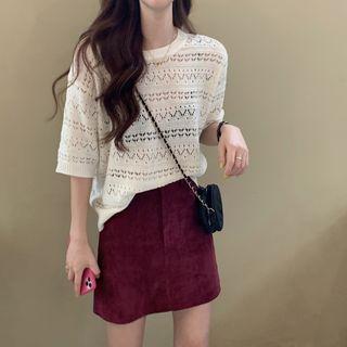 Lace Short-sleeved Knit Top Milky White - One Size