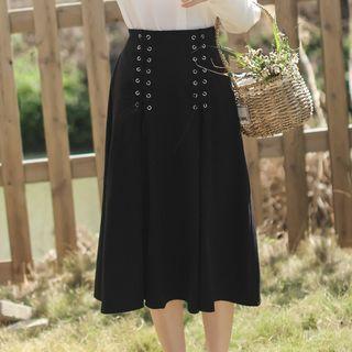 Lace Up Detail Midi Flared Skirt